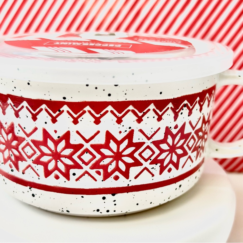 Red & White Snowflakes Stoneware Soup Mug Vent Lid With Handle Sweater Print - Picture 8 of 8